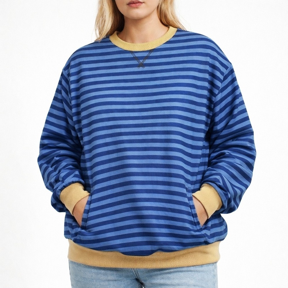 NEW Oversized Sweatshirt Striped Crewneck Pullover with Pockets Blue/Tan #0787